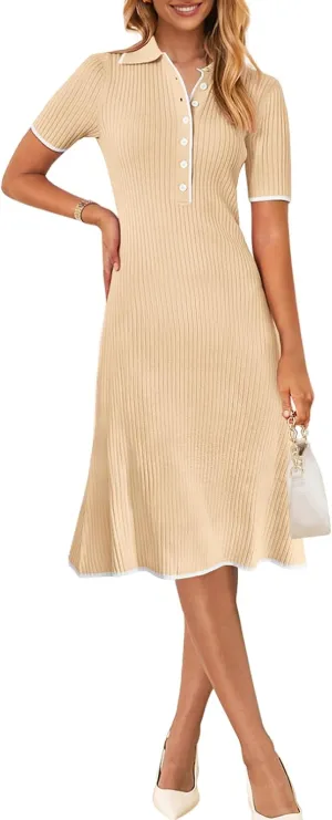 MEROKEETY Women's V Neck Ribbed Knit Midi Dress Short Sleeve Button Elegant Bodycon Sweater Dresses