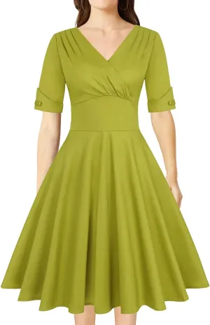 MINTLIMIT Women's 1950s Vintage Wrap V Neck Half Sleeve Retro Cocktail Swing Dress Plain A-line Dresses