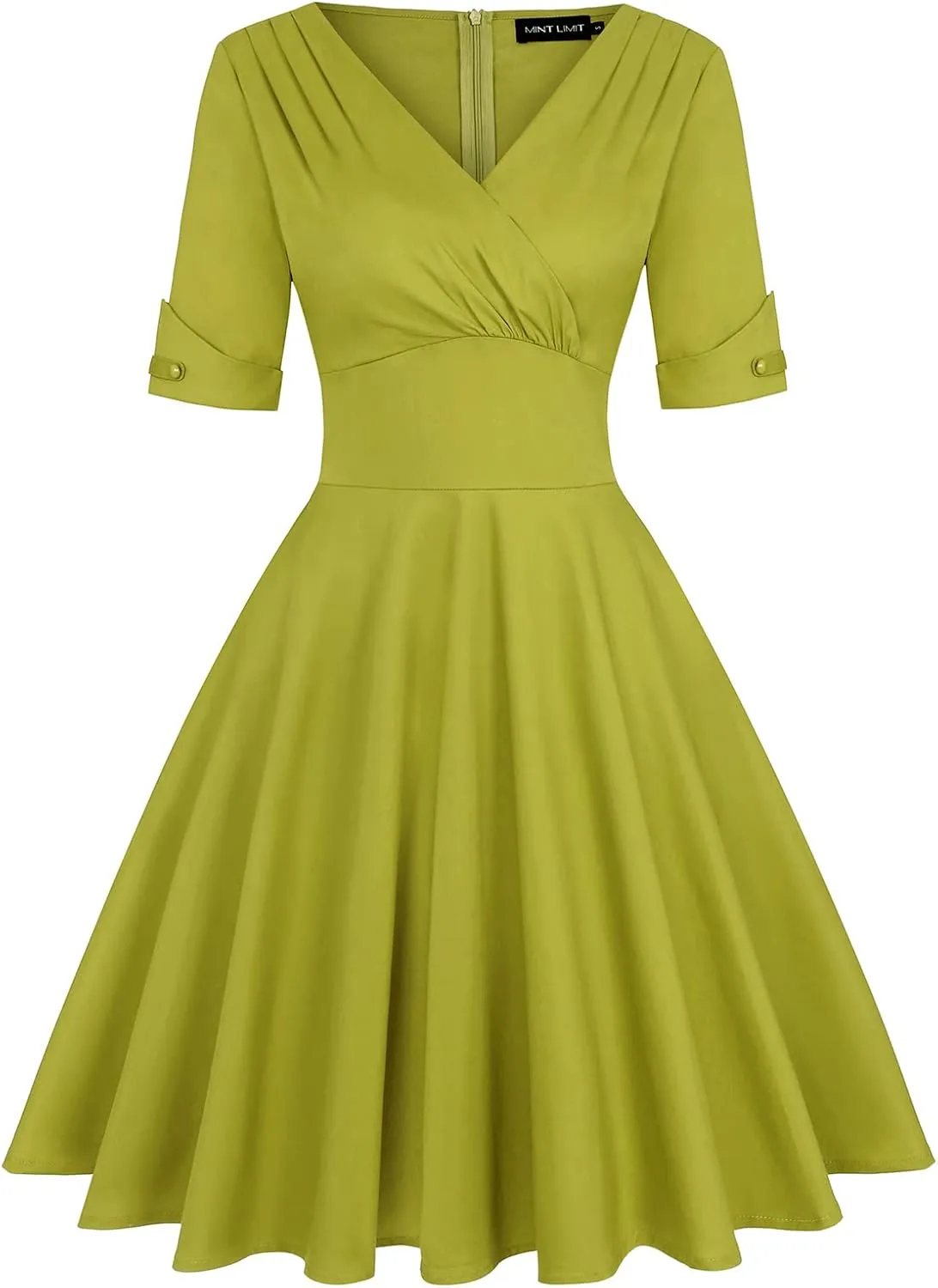 MINTLIMIT Women's 1950s Vintage Wrap V Neck Half Sleeve Retro Cocktail Swing Dress Plain A-line Dresses