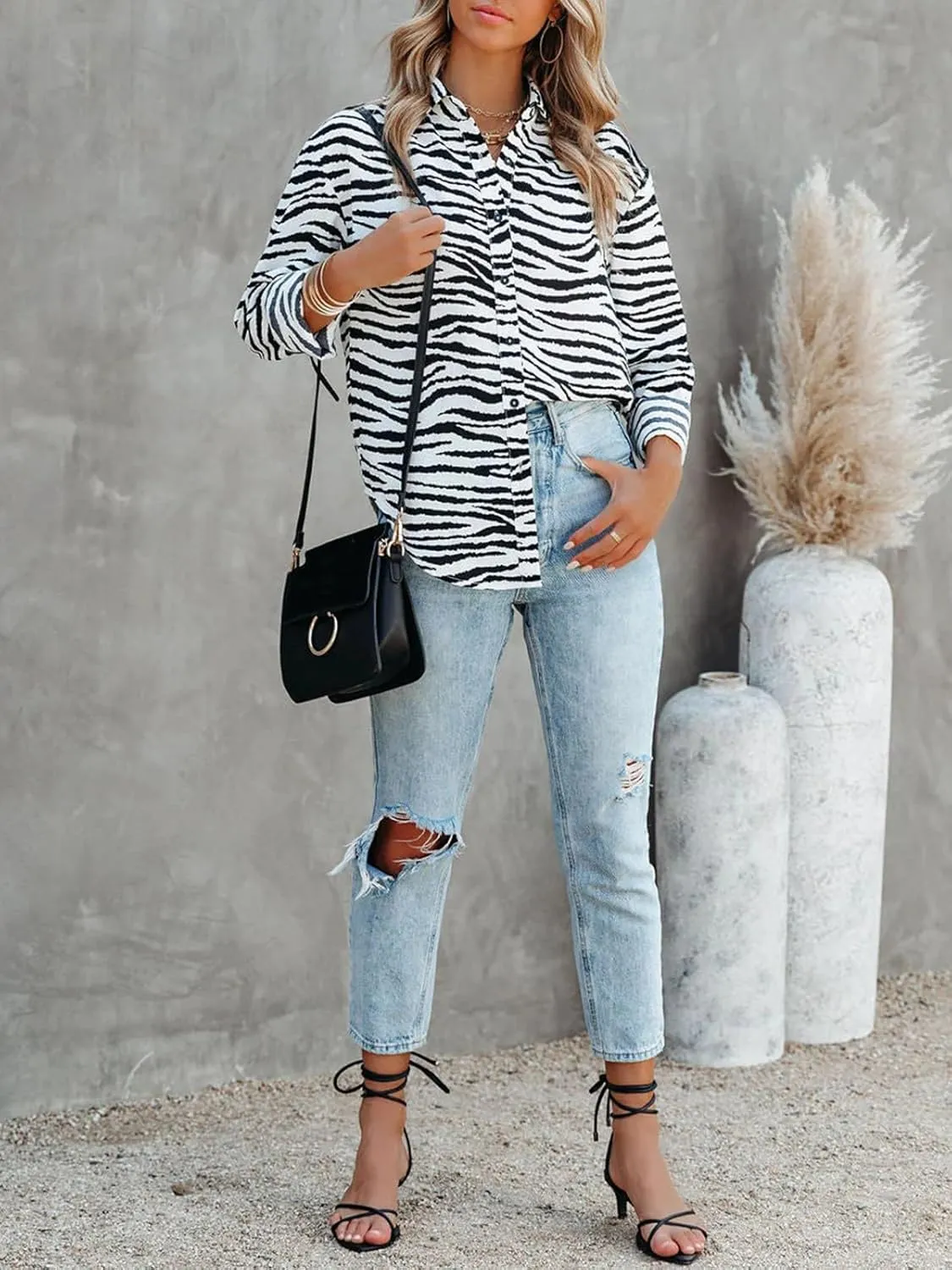 Mutitop Button Down Shirts for Women Dressy Casual Blouses V Neck Printed Boho Long Sleeve Collared Tunic Chiffon Tops