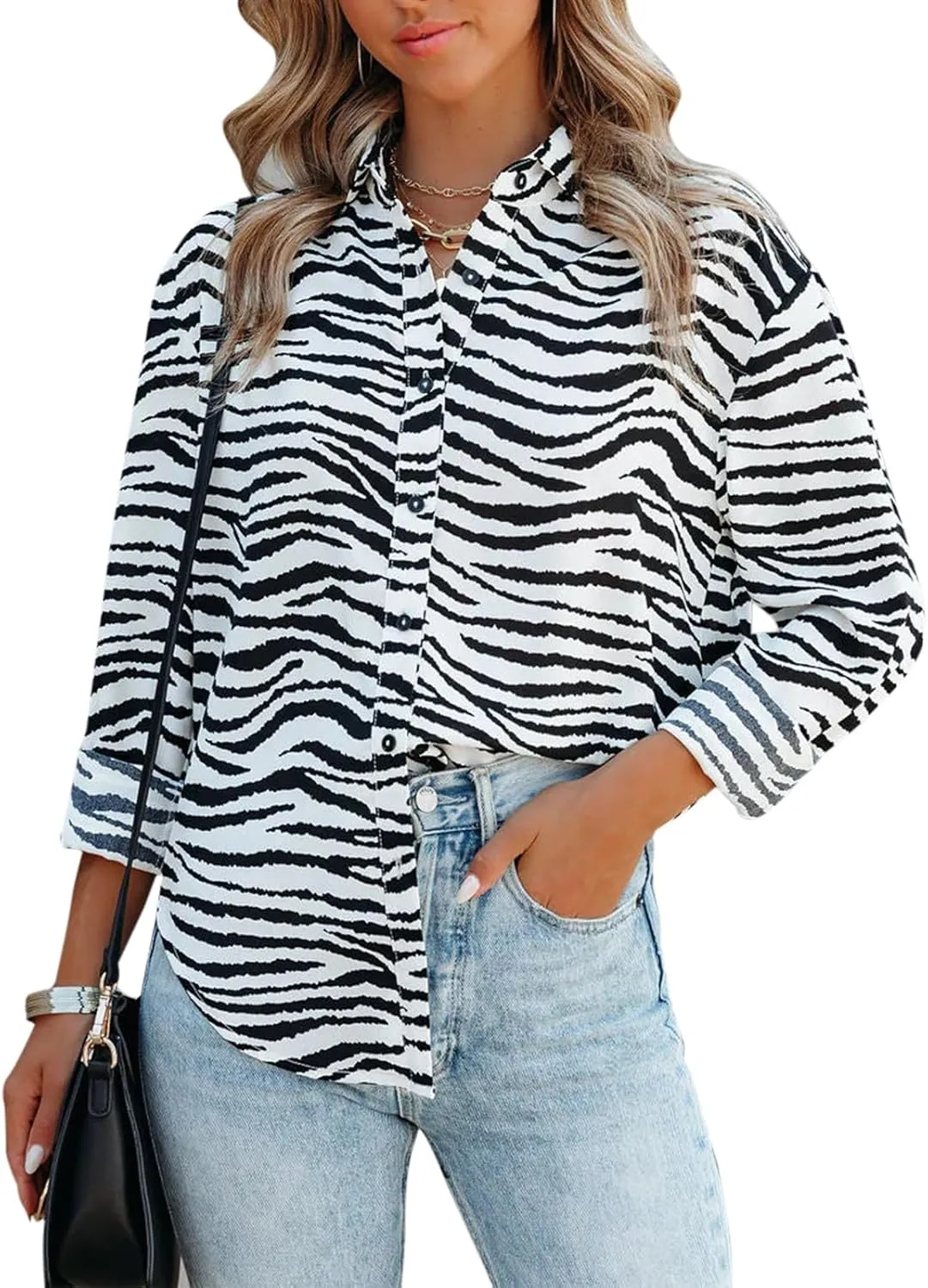 Mutitop Button Down Shirts for Women Dressy Casual Blouses V Neck Printed Boho Long Sleeve Collared Tunic Chiffon Tops