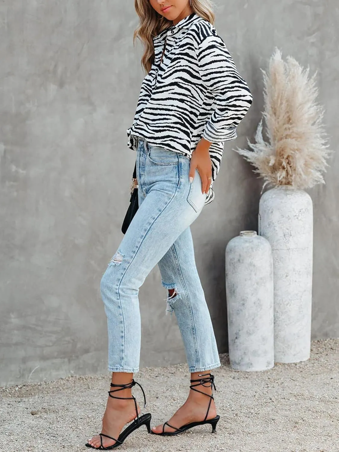 Mutitop Button Down Shirts for Women Dressy Casual Blouses V Neck Printed Boho Long Sleeve Collared Tunic Chiffon Tops