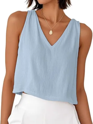 Mywinway Linen Crop Tank Tops for Women Spring Summer Sleeveless V Neck Cropped Casual Fashion Beach Tops Shirts
