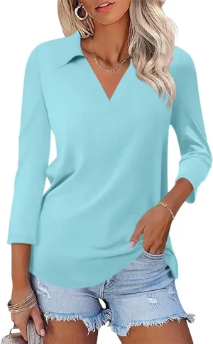 ORANDESIGNE Women's 3/4 Sleeves V Neck Polo Shirts Casual Summer Tops Basic Collar Cute Tees