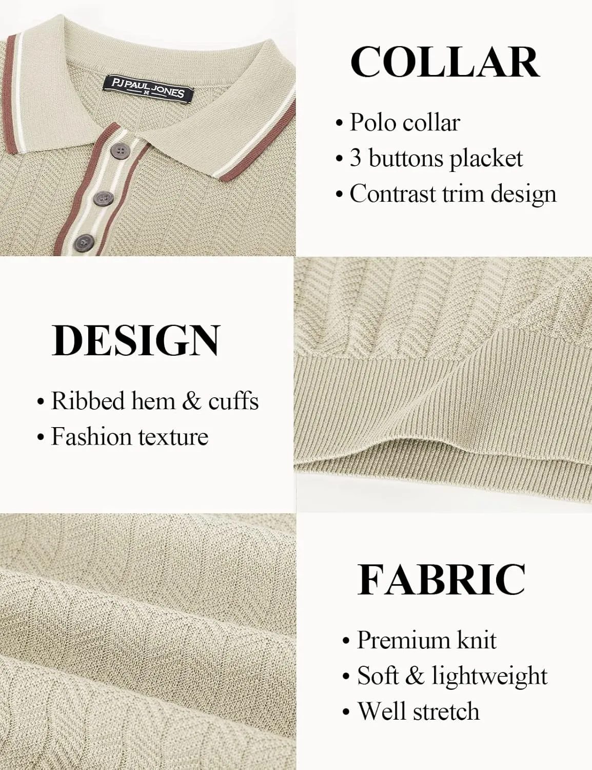 PJ PAUL JONES Mens Knitted Polo Shirts Short Sleeve Textured Pullover Golf Polo T Shirts