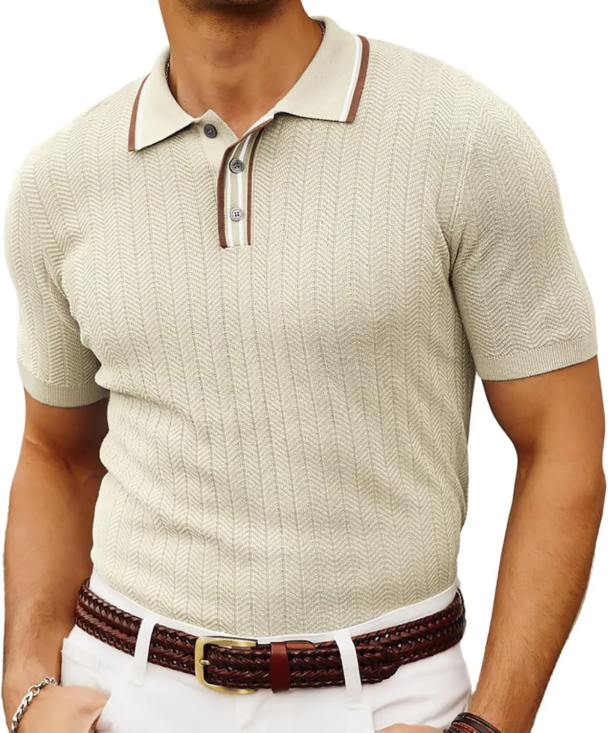 PJ PAUL JONES Mens Knitted Polo Shirts Short Sleeve Textured Pullover Golf Polo T Shirts