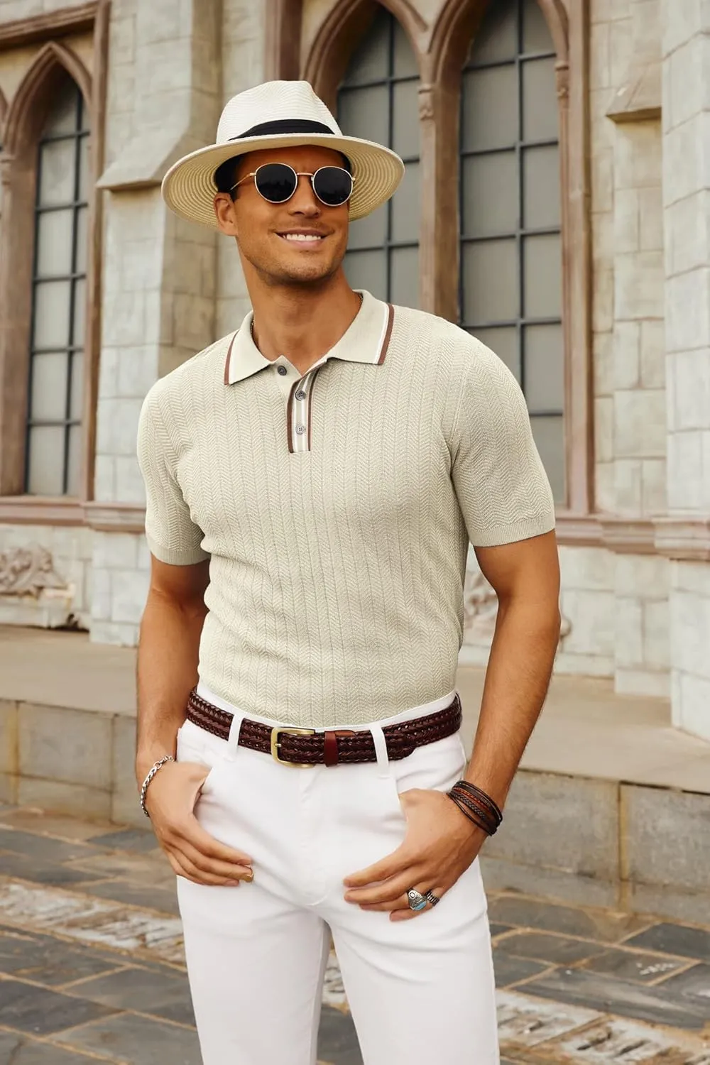 PJ PAUL JONES Mens Knitted Polo Shirts Short Sleeve Textured Pullover Golf Polo T Shirts