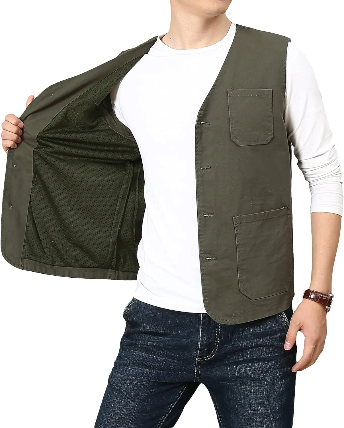 PRIJOUHE Men's Casual Outdoor Cotton Vest Lightweight Breathable Multi-Pocket Fishing Safari Travel Vests Outwear