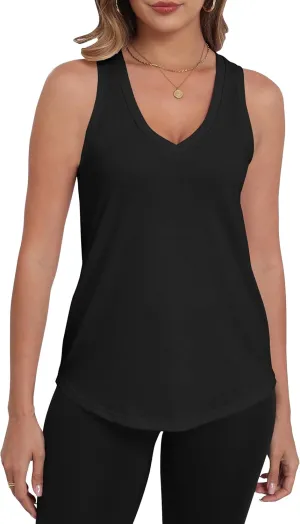 PRIMODA Womens Sleeveless Tank Tops V Neck Loose Fit Summer Casual Flowy Curved Tunic Shirt