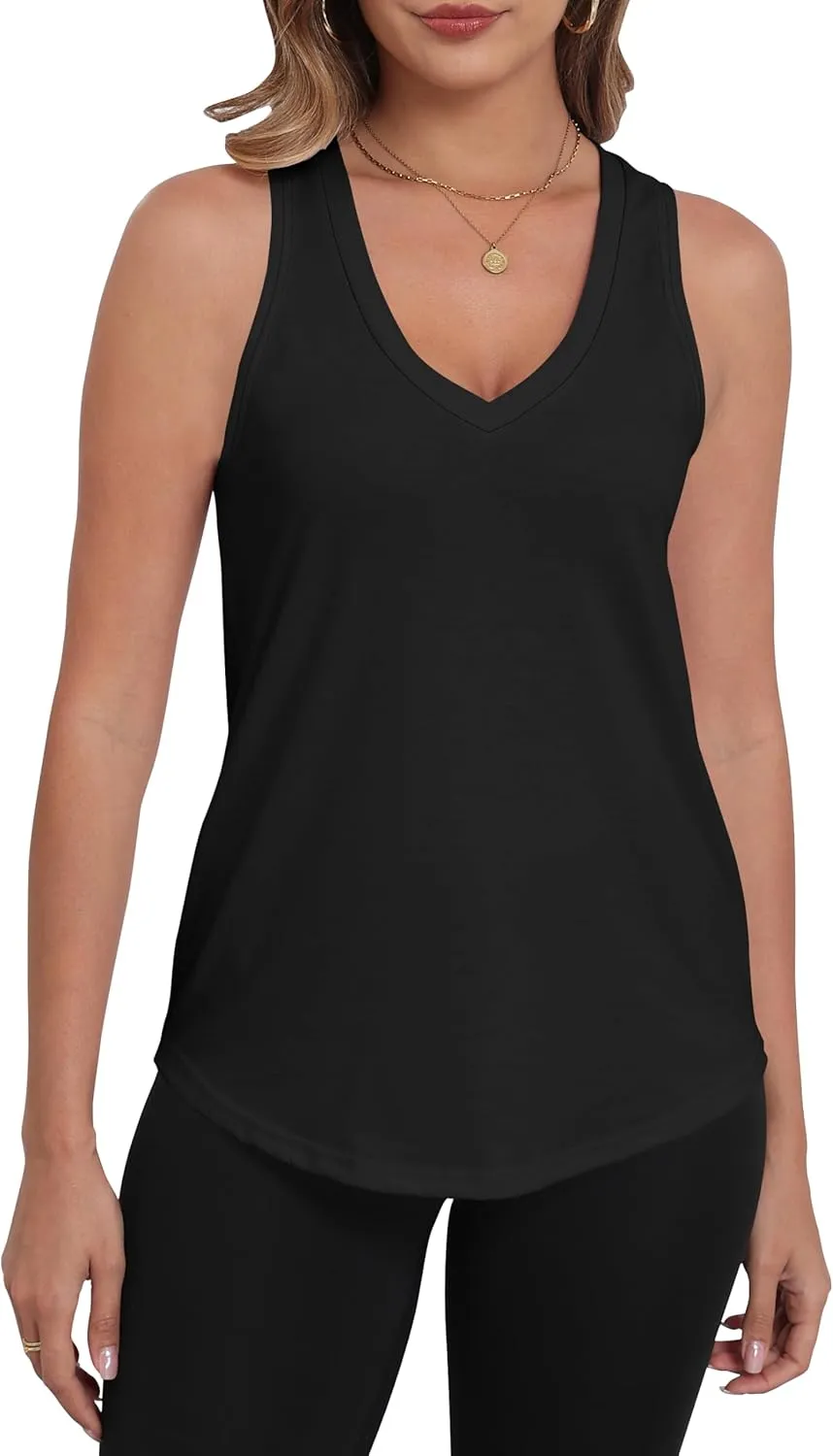 PRIMODA Womens Sleeveless Tank Tops V Neck Loose Fit Summer Casual Flowy Curved Tunic Shirt