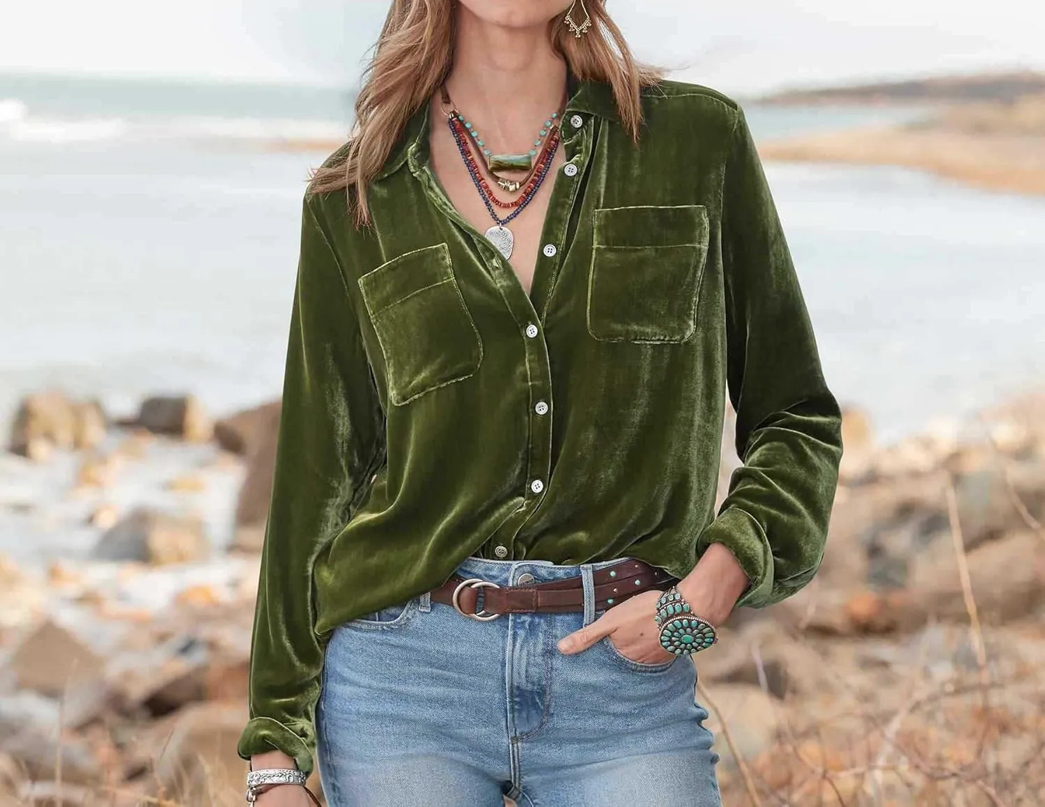 R.Vivimos Womens Winter Velvet Long Sleeve Button Down Casual Tops Shirts