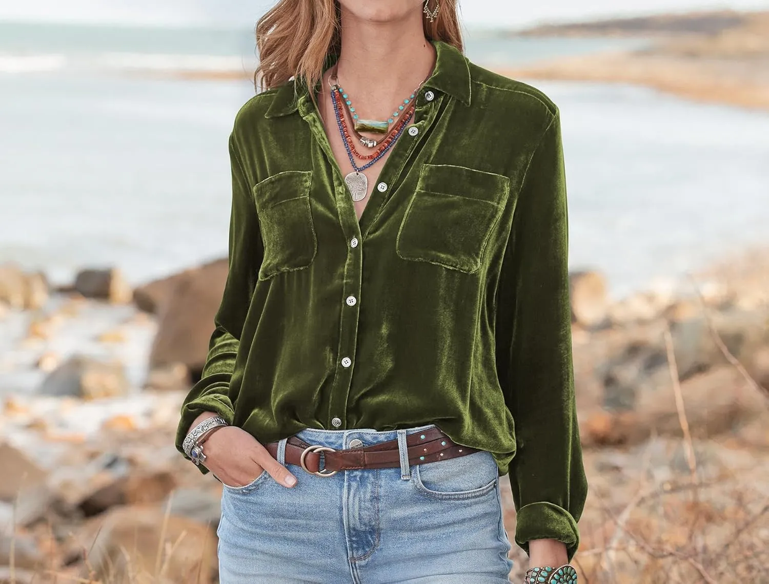 R.Vivimos Womens Winter Velvet Long Sleeve Button Down Casual Tops Shirts