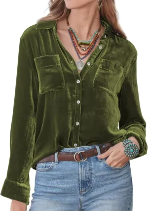 R.Vivimos Womens Winter Velvet Long Sleeve Button Down Casual Tops Shirts