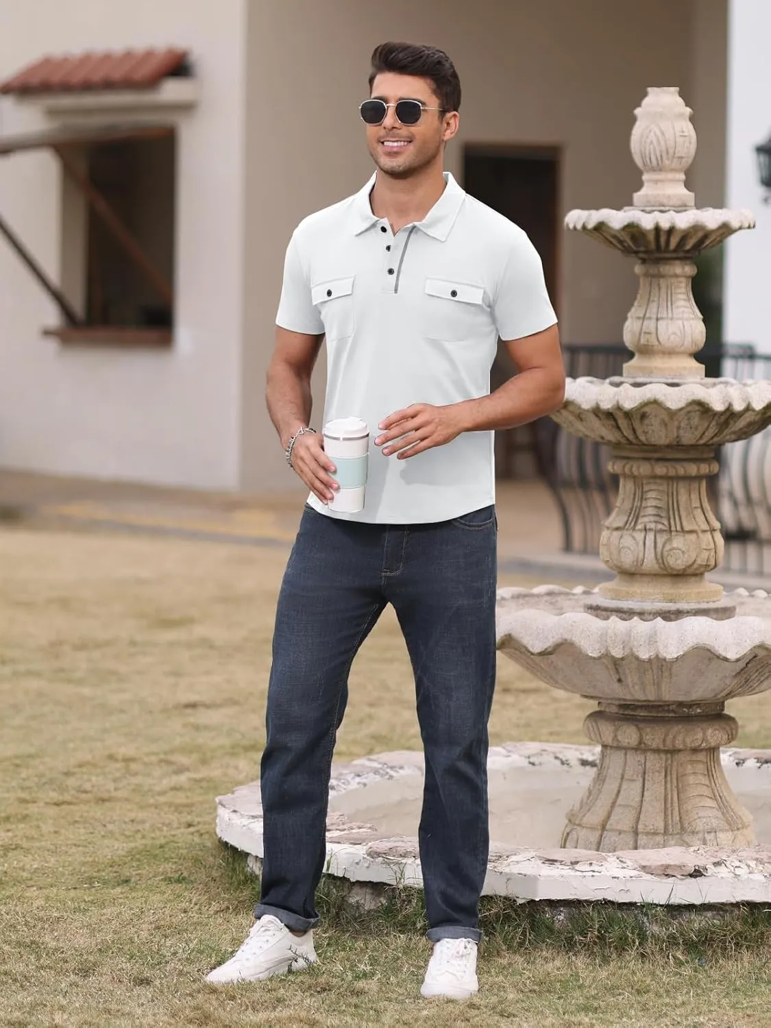 Short Sleeve Polo Shirts for Men Casual Moisture Wicking Golf T Shirt Slim Fit Basic Tee Tops with Pocket