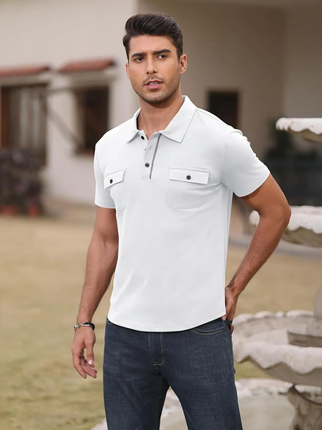 Short Sleeve Polo Shirts for Men Casual Moisture Wicking Golf T Shirt Slim Fit Basic Tee Tops with Pocket