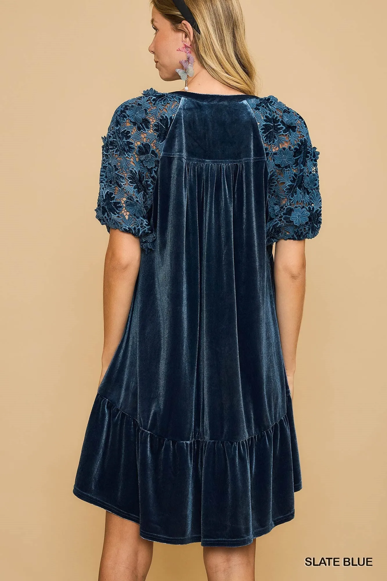 Slate Blue Velvet Tiered Dress w/ Lace Sleeves