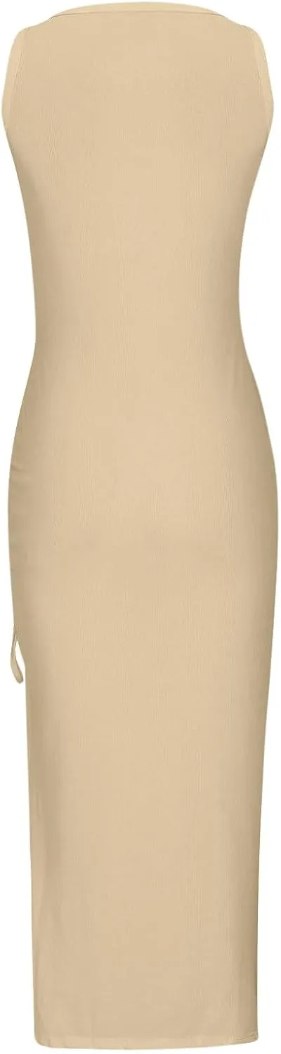 Summer Dresses for Women 2024 Sleeveless Square Neck Drawstring Side Slit Knitted Ribbed Bodycon Sexy Casual Sundress