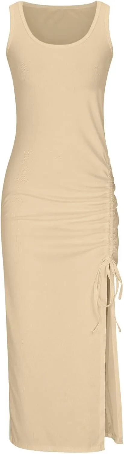 Summer Dresses for Women 2024 Sleeveless Square Neck Drawstring Side Slit Knitted Ribbed Bodycon Sexy Casual Sundress