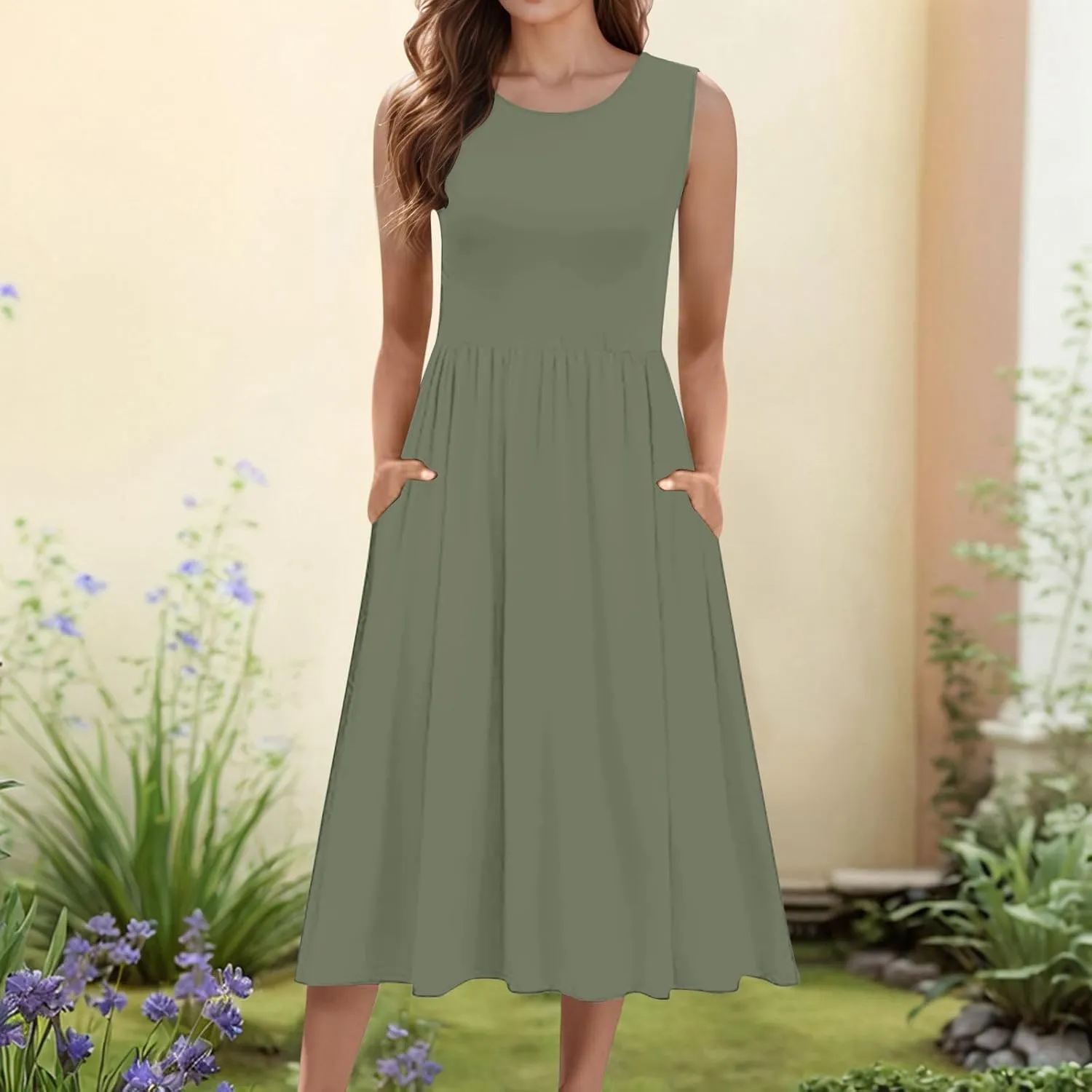 Summer Maxi Dresses for Women 2025 Sleeveless Deep V Neck Long Dresses Loose Plain Maxi Casual Vacation Dress