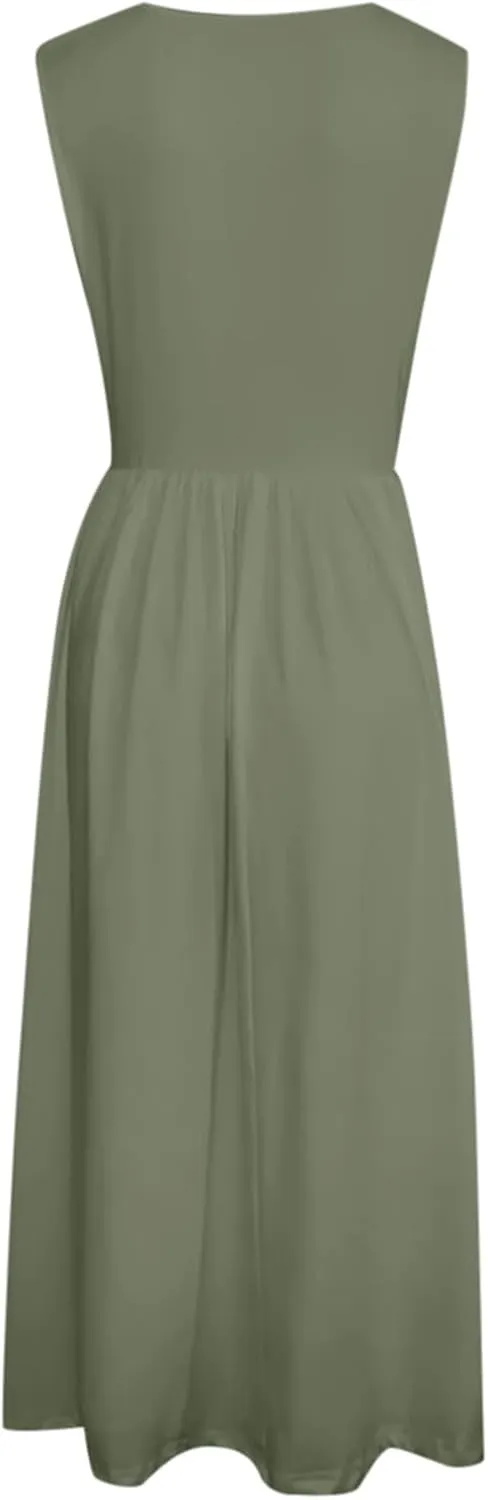 Summer Maxi Dresses for Women 2025 Sleeveless Deep V Neck Long Dresses Loose Plain Maxi Casual Vacation Dress
