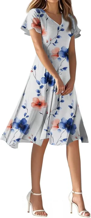 Summer Wedding Dresses for Women 2025 Casual Flowy Elegant Dress Ruffle Short Sleeve Floral Dresses Midi Chiffon Dress
