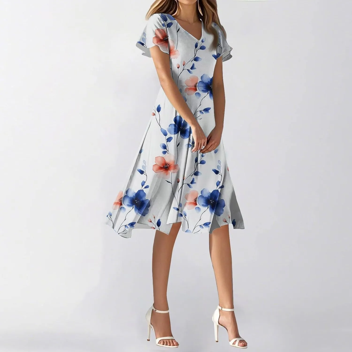 Summer Wedding Dresses for Women 2025 Casual Flowy Elegant Dress Ruffle Short Sleeve Floral Dresses Midi Chiffon Dress