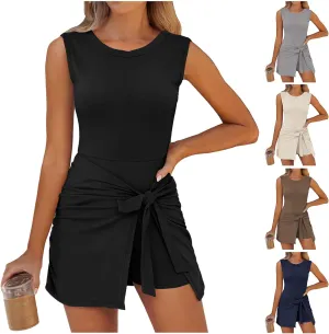 Tennis Dresses for Women Built in Shorts Sleeveless Backless Romper Bodycon Tie Cinched Waist Romper Skort Mini Dress