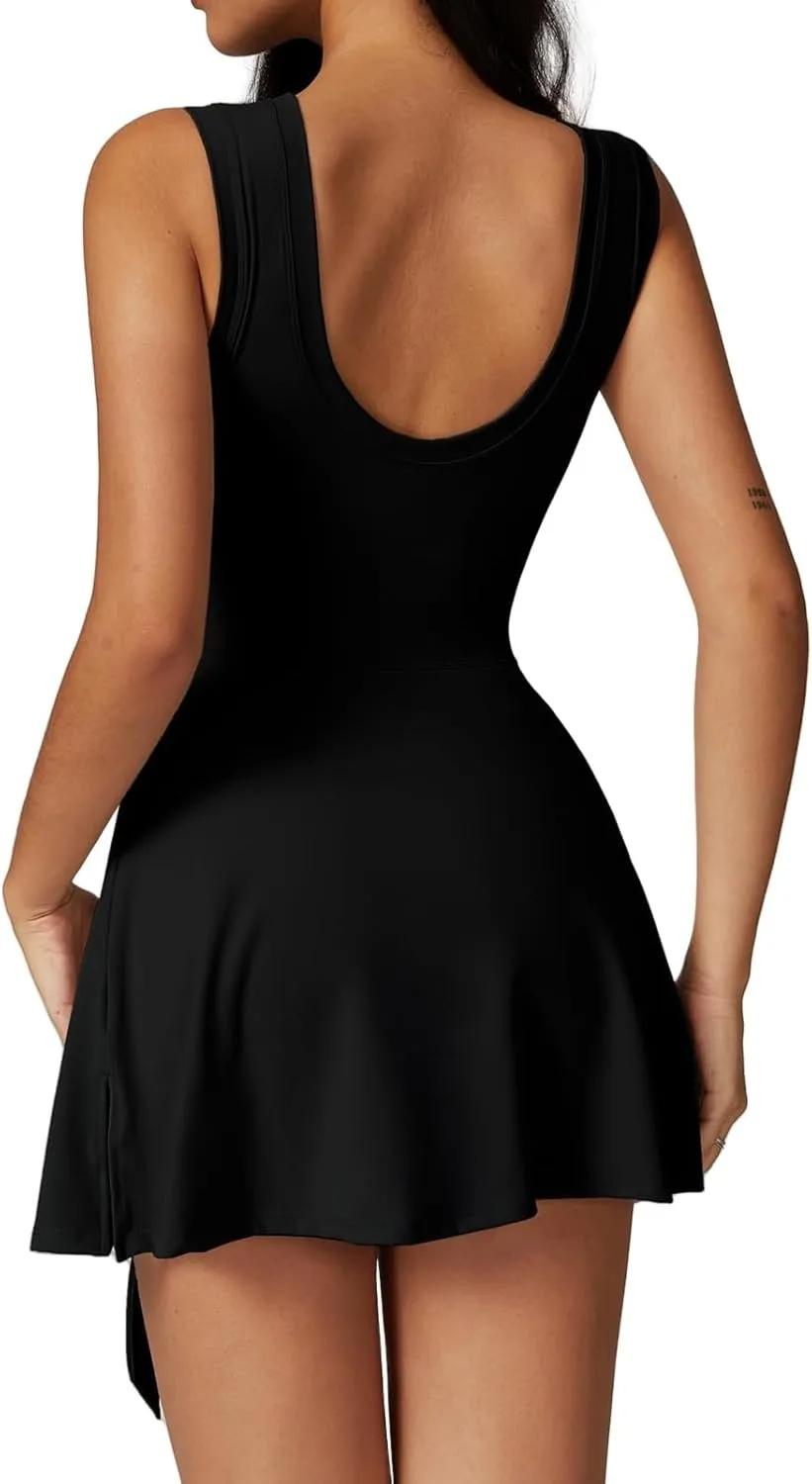 Tennis Dresses for Women Built in Shorts Sleeveless Backless Romper Bodycon Tie Cinched Waist Romper Skort Mini Dress
