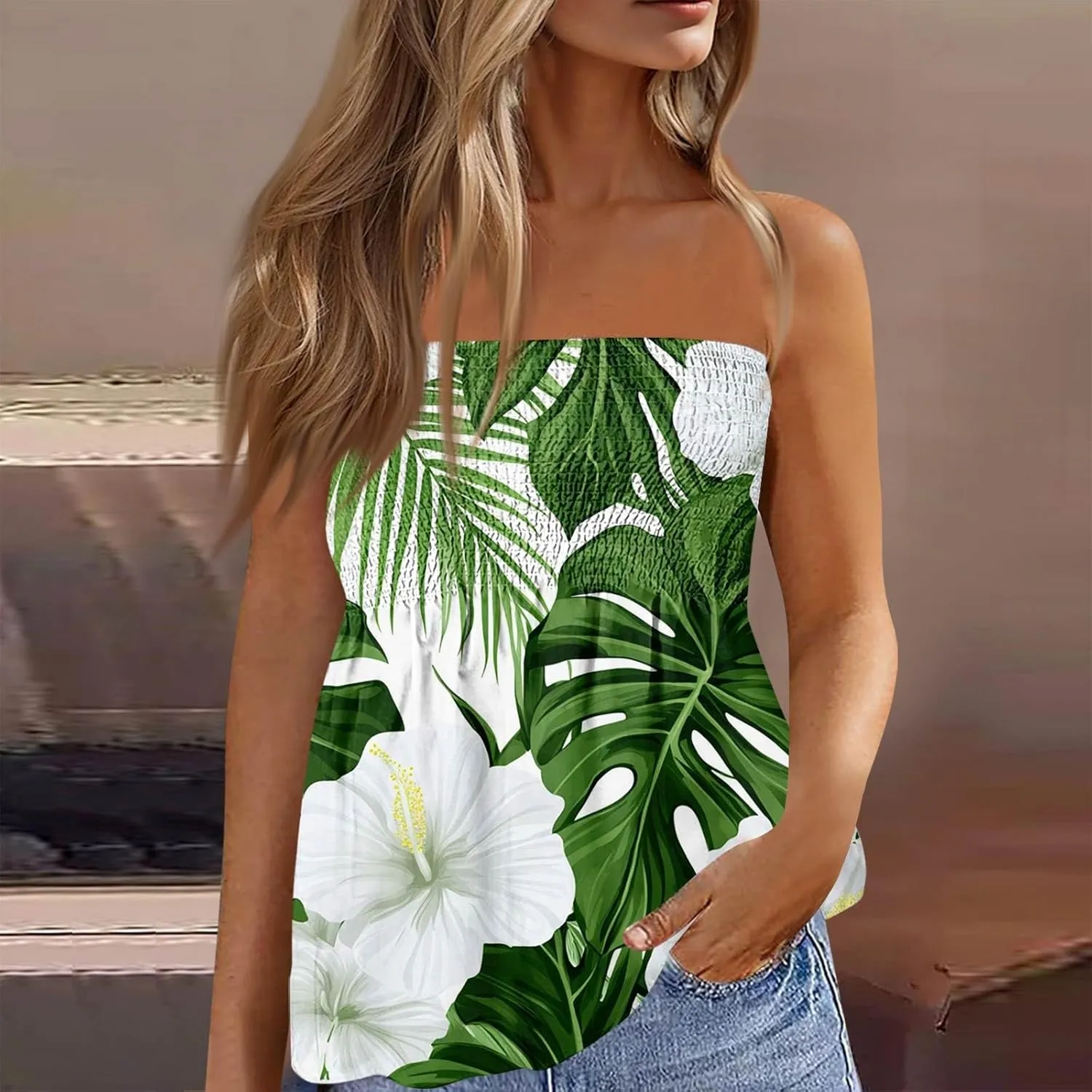 Tube Tops for Women Strapless Ruffled Sexy Tank Bandeau T Shirts Floral Graphic Sleeveless Vintage Backless Blouses