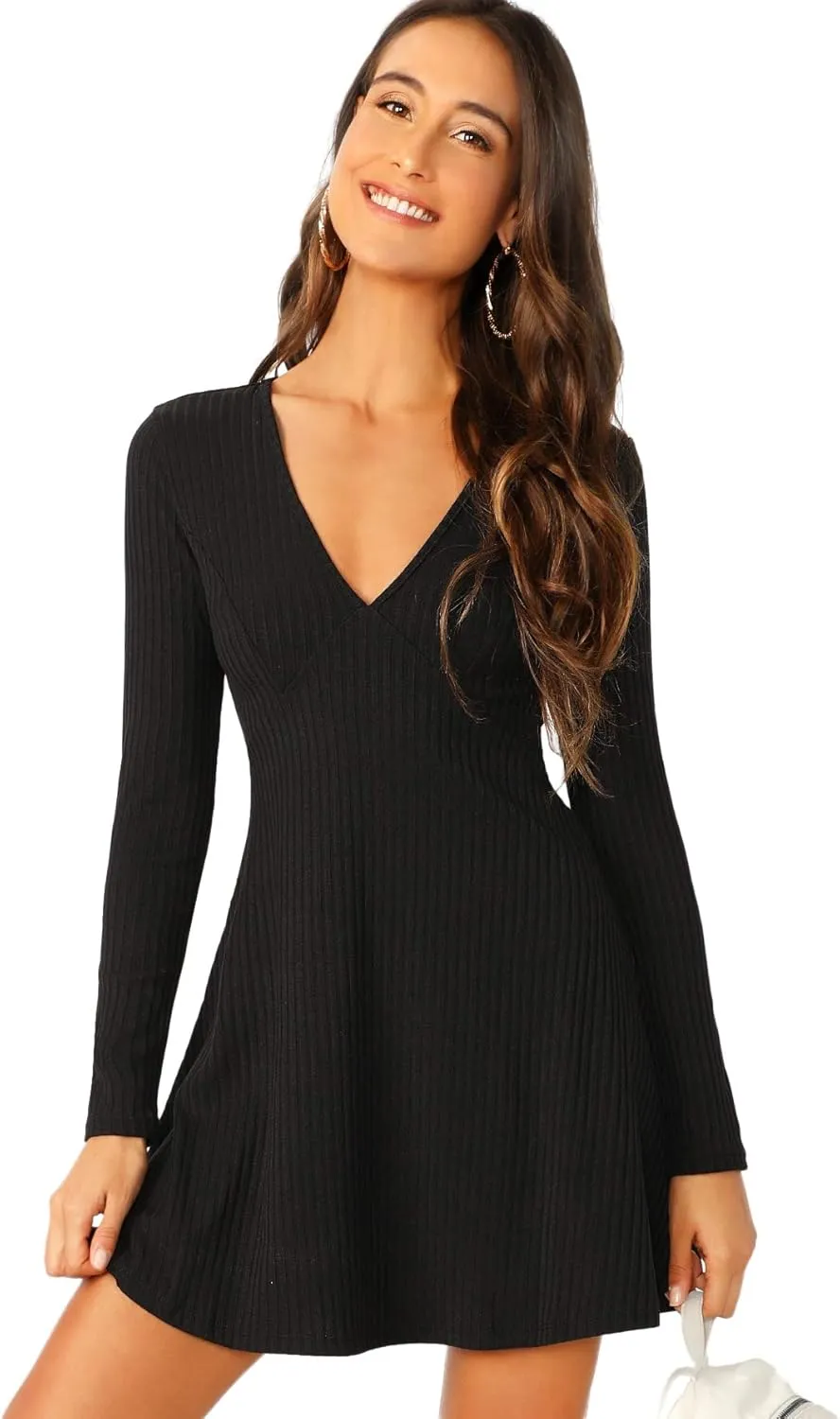Verdusa Women's Elegant Deep V Neck Long Sleeve Ribbed Short Skater Dress