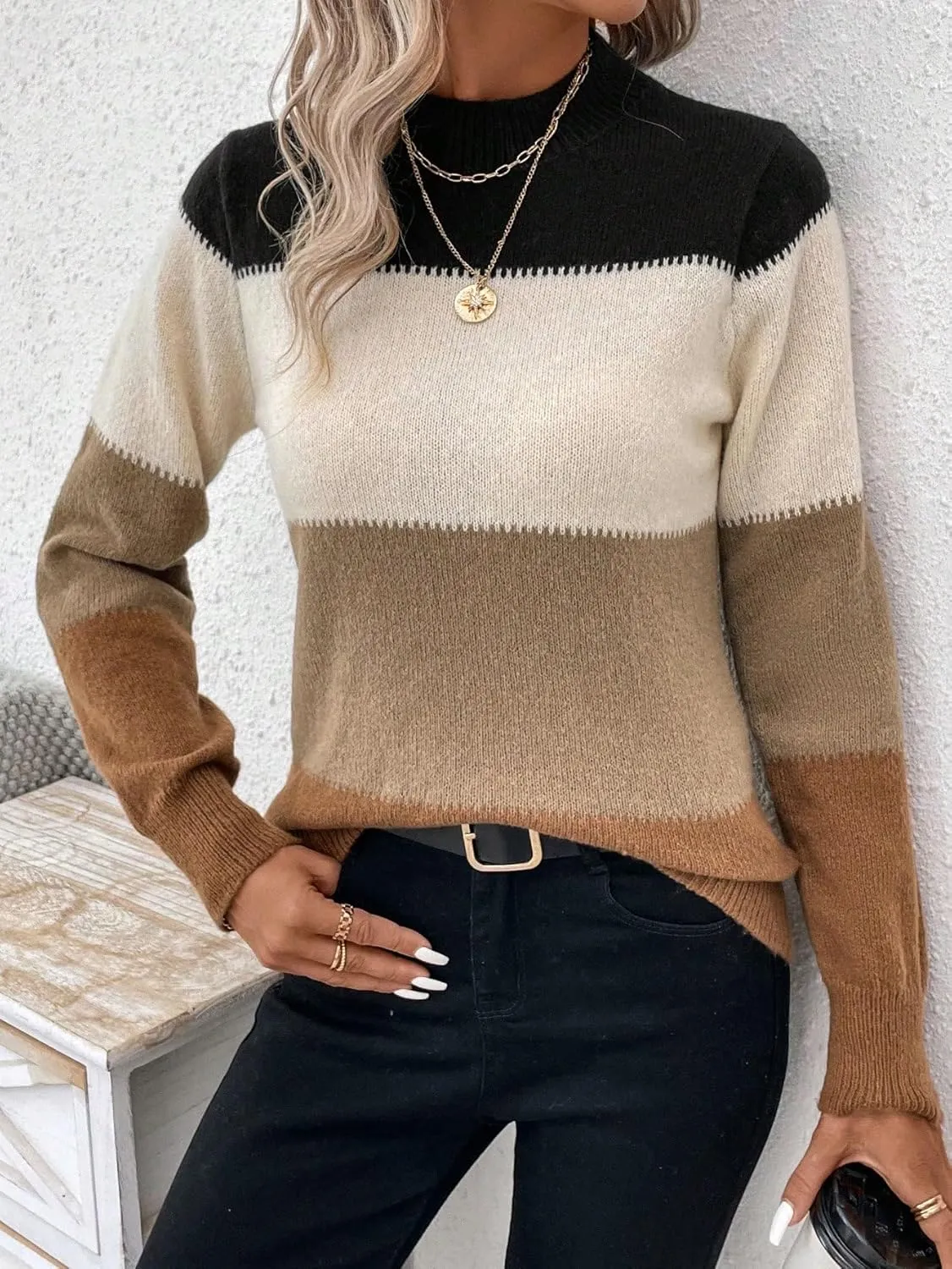 WDIRARA Women's Color Block Sweaters Long Sleeve Mock Neck Tops Loose Knitted Pullover Sweater