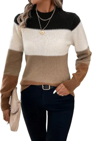 WDIRARA Women's Color Block Sweaters Long Sleeve Mock Neck Tops Loose Knitted Pullover Sweater