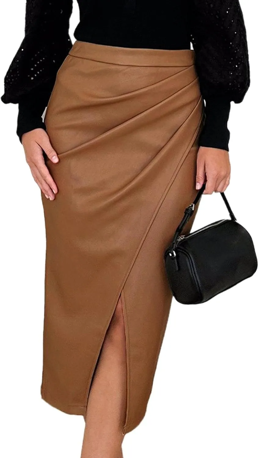 Women Faux Leather Skirts Front Slit Ruched Tummy Control High Waist Bodycon Midi Pencil Skirt