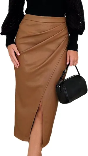 Women Faux Leather Skirts Front Slit Ruched Tummy Control High Waist Bodycon Midi Pencil Skirt