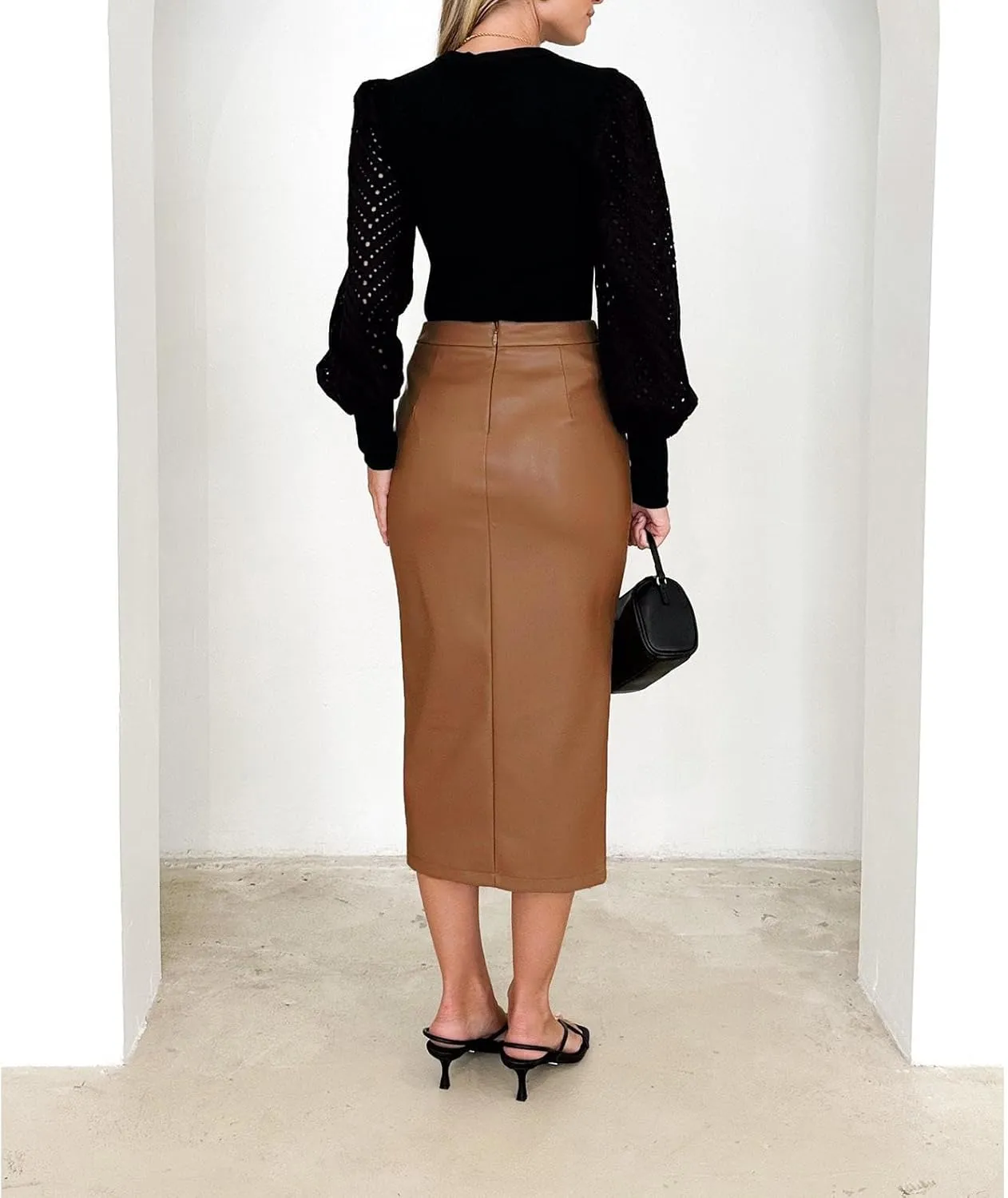 Women Faux Leather Skirts Front Slit Ruched Tummy Control High Waist Bodycon Midi Pencil Skirt