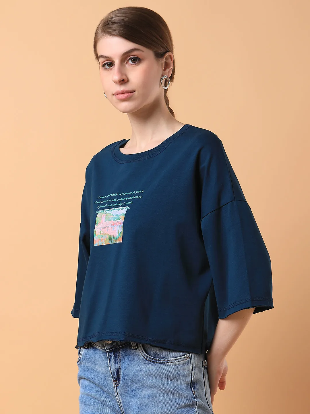 Women Graphic Teal Boxy Crop T shirt