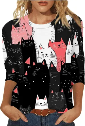 Womens 3/4 Sleeve T-Shirt Fashion Cute Cats Printed Blouses Funny Graphic Crewneck Shirts Comfy Loose T Shirts