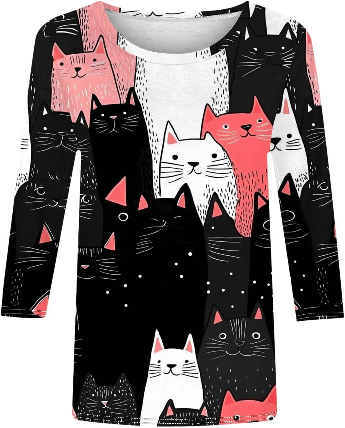 Womens 3/4 Sleeve T-Shirt Fashion Cute Cats Printed Blouses Funny Graphic Crewneck Shirts Comfy Loose T Shirts