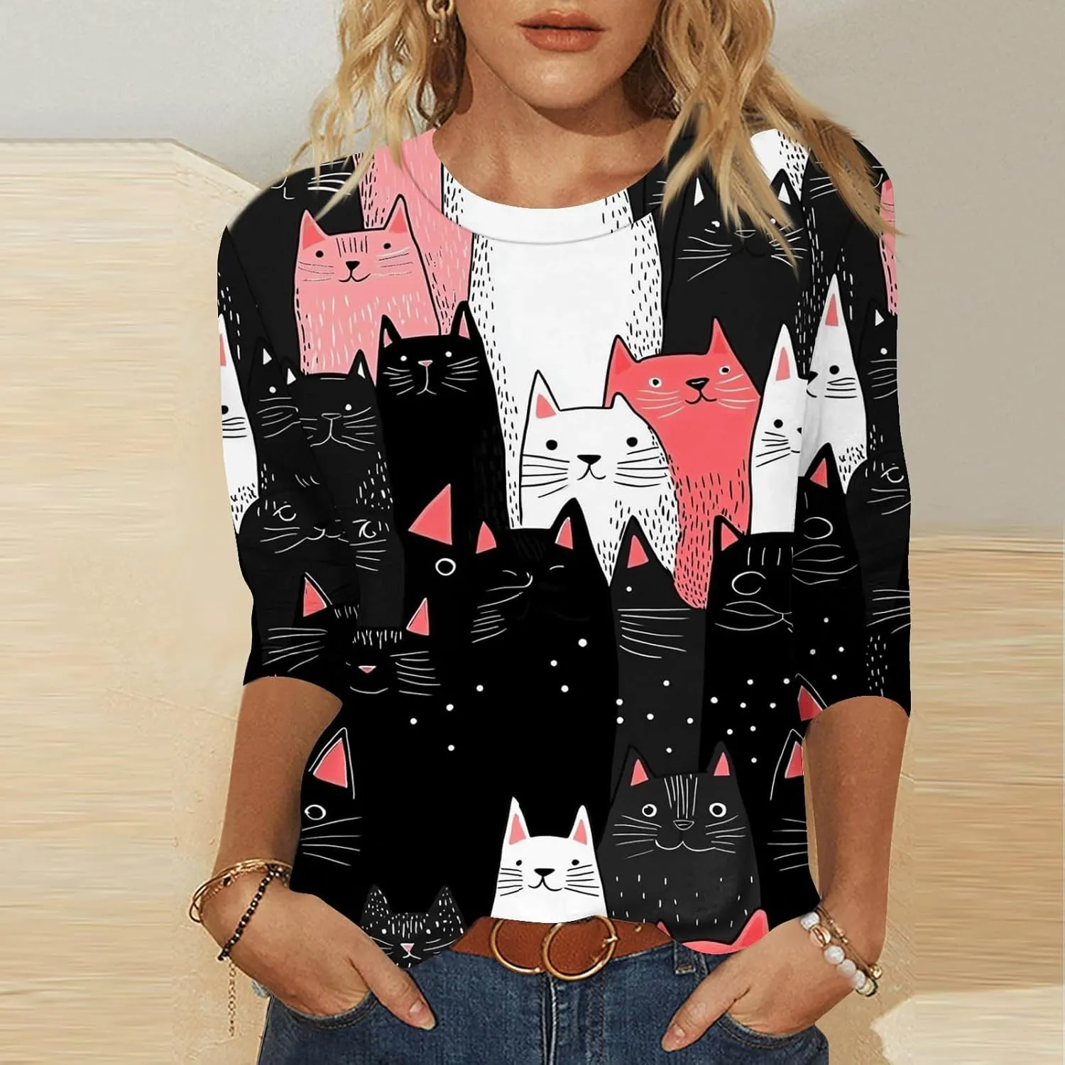 Womens 3/4 Sleeve T-Shirt Fashion Cute Cats Printed Blouses Funny Graphic Crewneck Shirts Comfy Loose T Shirts
