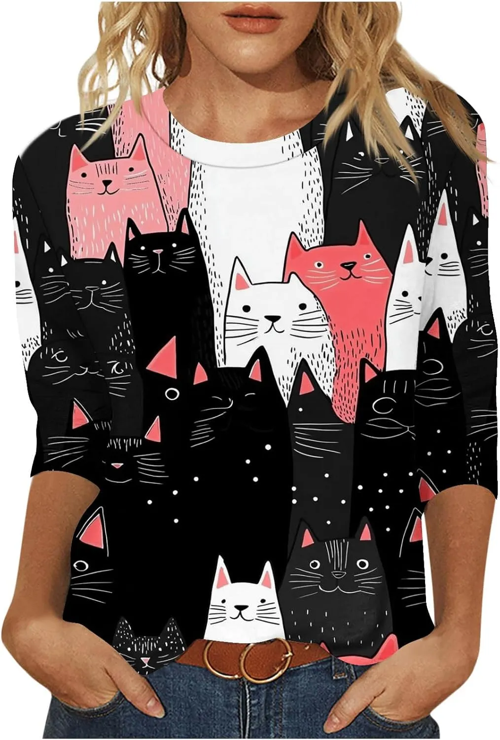 Womens 3/4 Sleeve T-Shirt Fashion Cute Cats Printed Blouses Funny Graphic Crewneck Shirts Comfy Loose T Shirts