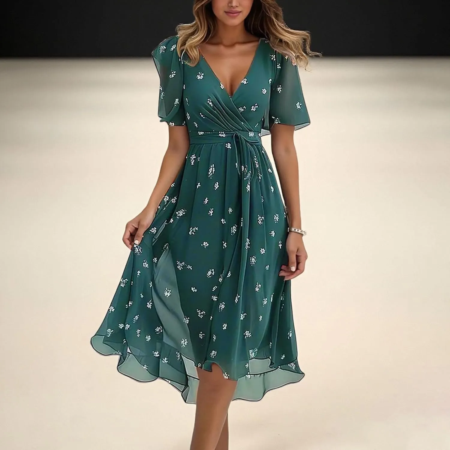 Women's Chiffon Cocktail Dress | Spring Summer Wrap Dress with Floral Print, Sexy Flowy Midi Dress for Wedding Guest