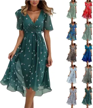 Women's Chiffon Cocktail Dress | Spring Summer Wrap Dress with Floral Print, Sexy Flowy Midi Dress for Wedding Guest
