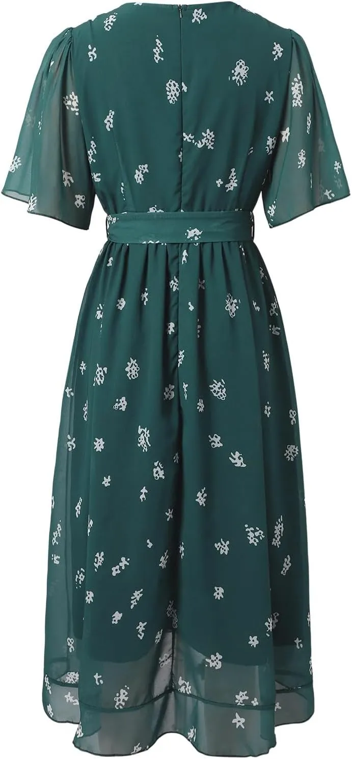 Women's Chiffon Cocktail Dress | Spring Summer Wrap Dress with Floral Print, Sexy Flowy Midi Dress for Wedding Guest
