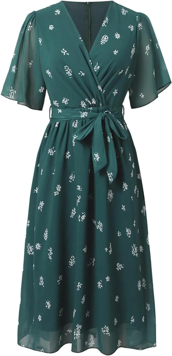 Women's Chiffon Cocktail Dress | Spring Summer Wrap Dress with Floral Print, Sexy Flowy Midi Dress for Wedding Guest