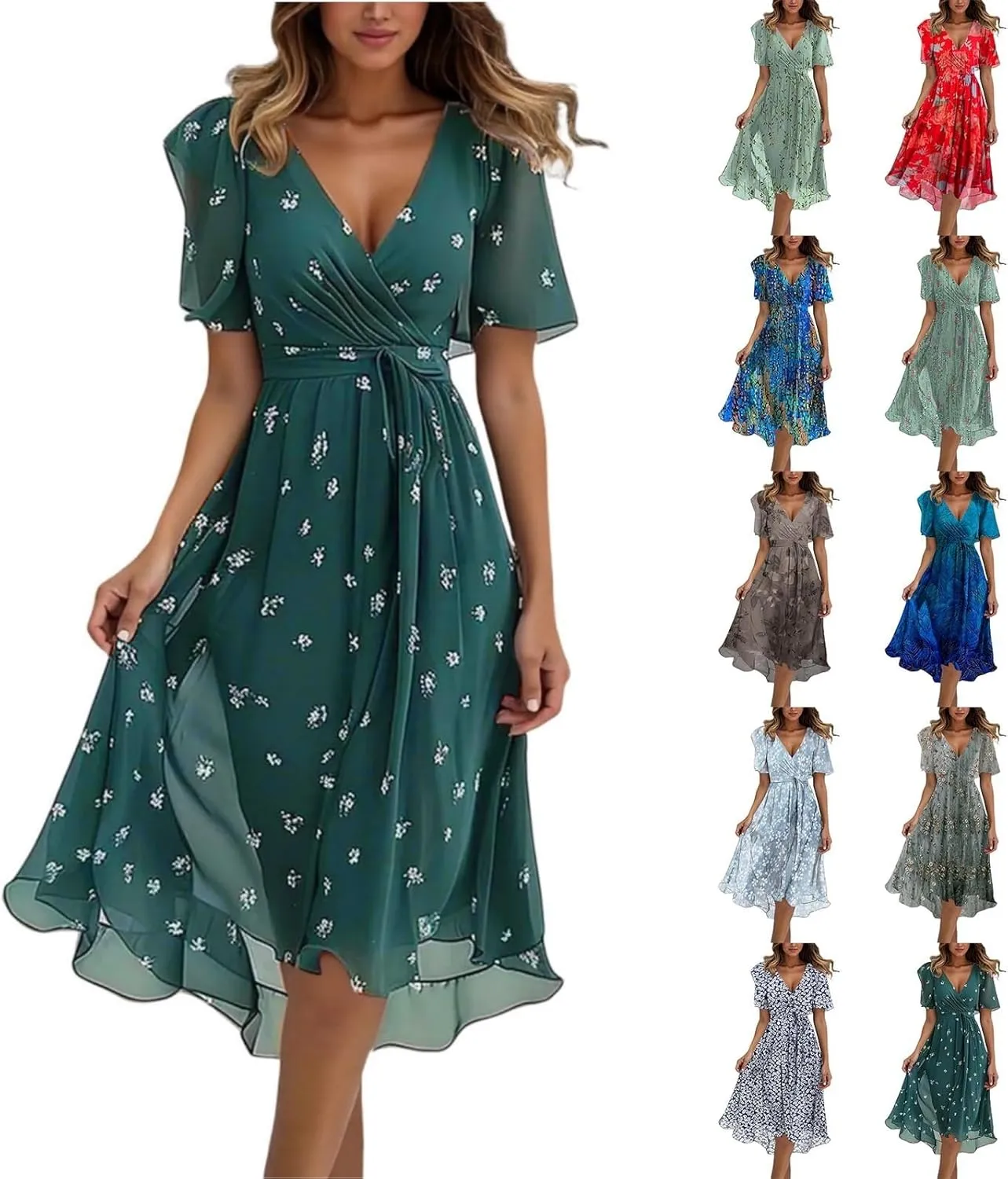 Women's Chiffon Cocktail Dress | Spring Summer Wrap Dress with Floral Print, Sexy Flowy Midi Dress for Wedding Guest