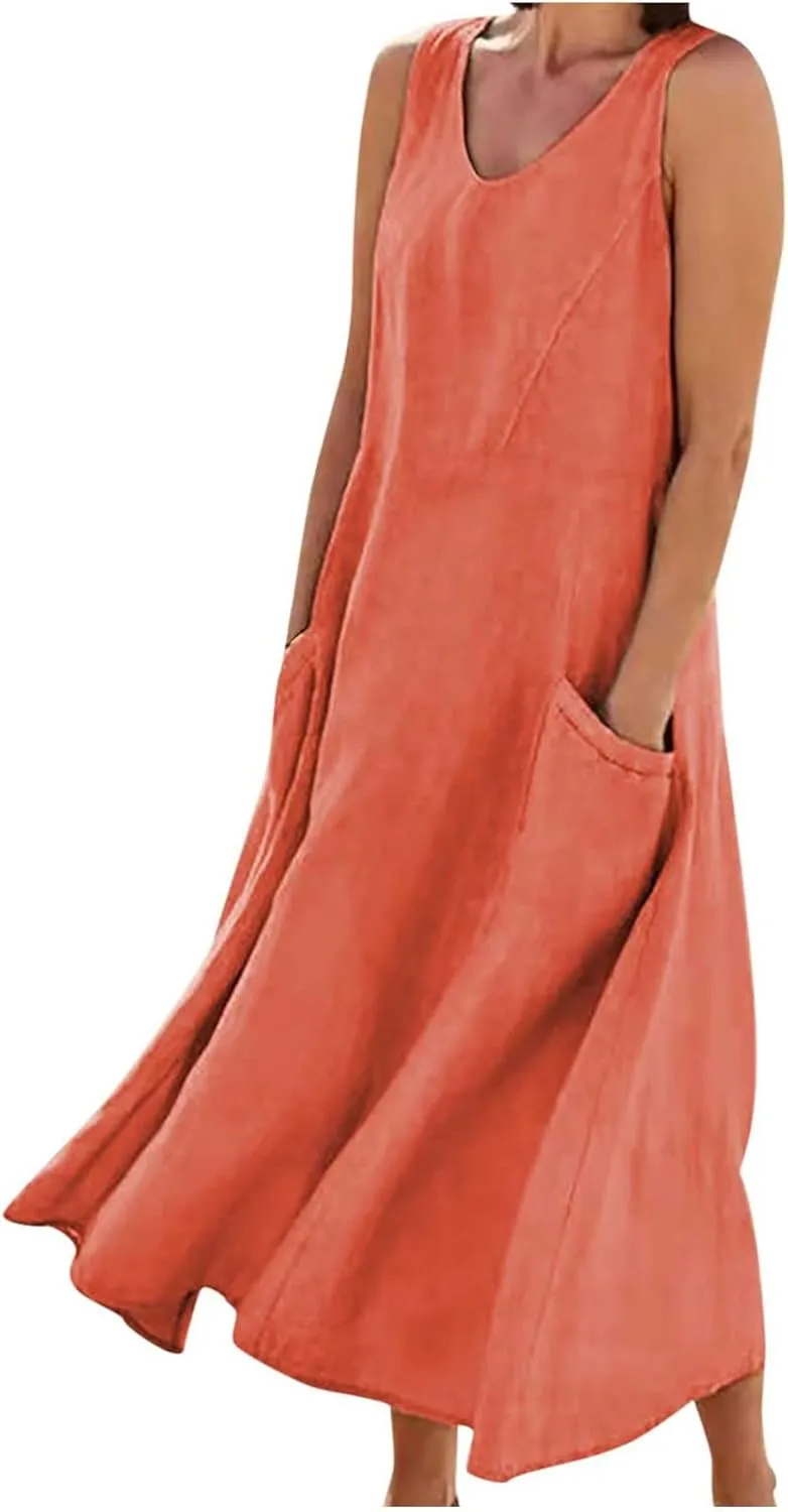 Women's Cotton Linen Dresses Sleeveless Plus Size Summer Dress Loose Comfy Long Dresses Solid Lightweight Sundress