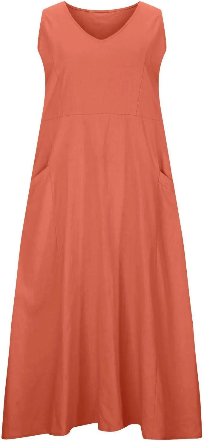 Women's Cotton Linen Dresses Sleeveless Plus Size Summer Dress Loose Comfy Long Dresses Solid Lightweight Sundress