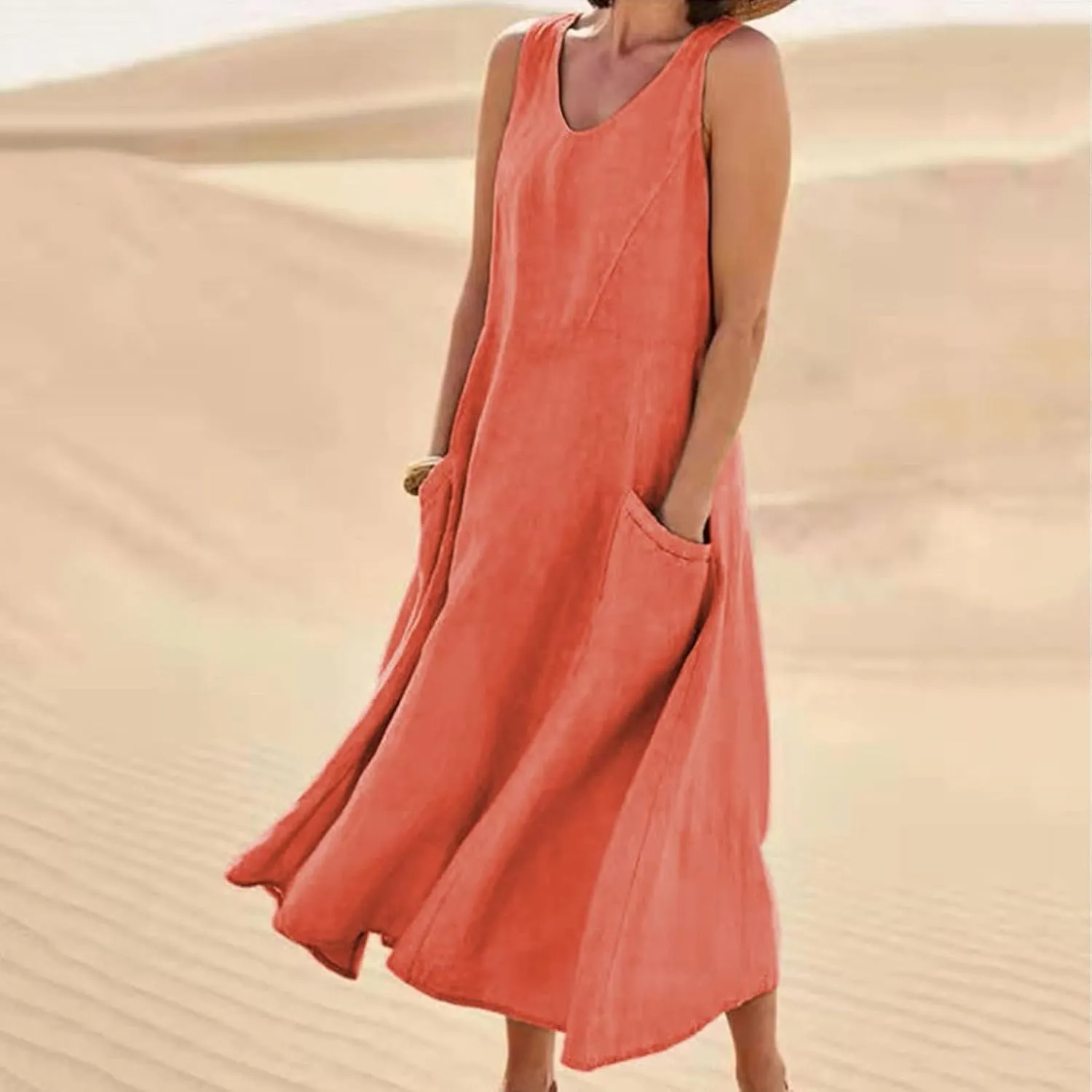 Women's Cotton Linen Dresses Sleeveless Plus Size Summer Dress Loose Comfy Long Dresses Solid Lightweight Sundress