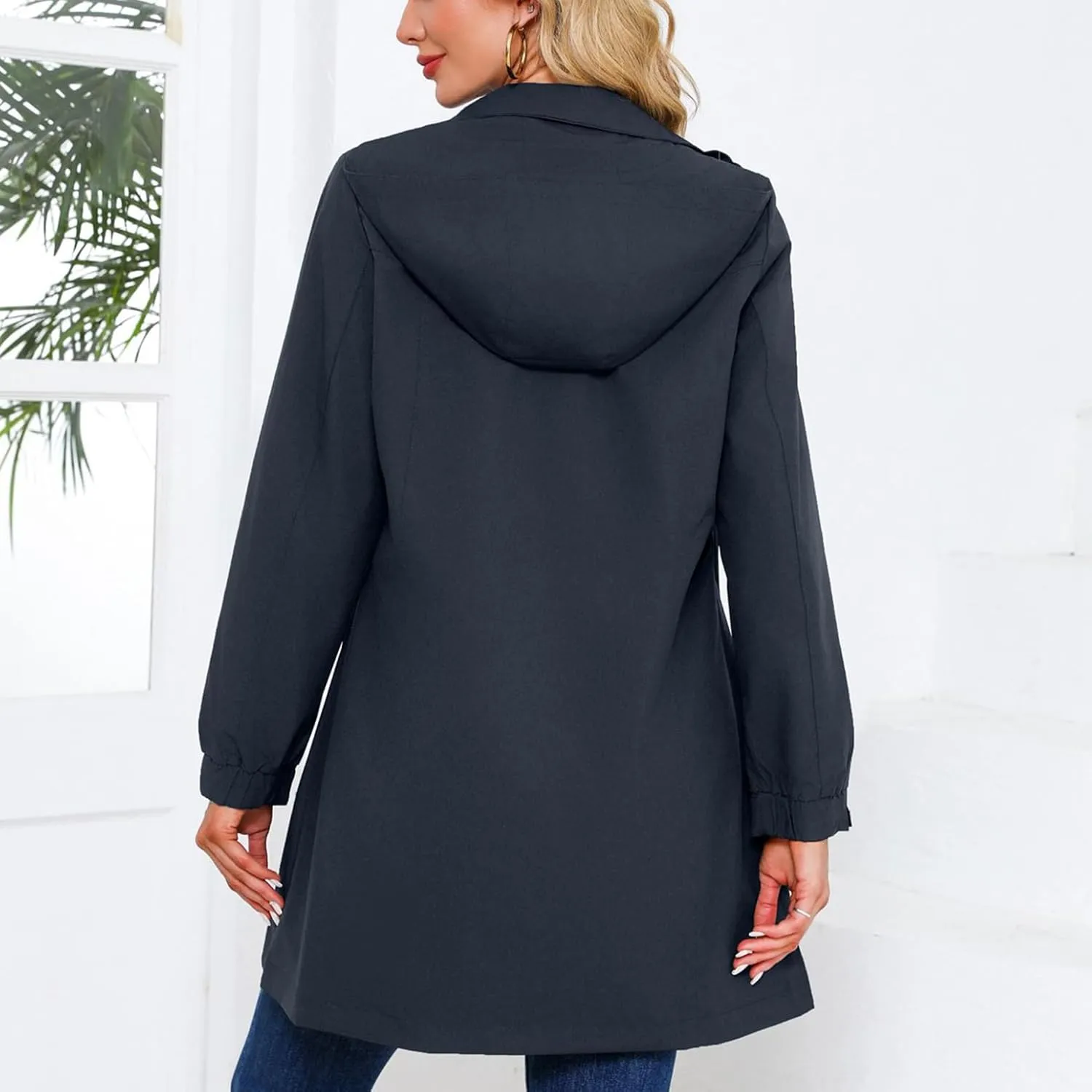 Women's Hooded Raincoat Lightweight Slim Fit Trench Coat Waterproof Casual Full Zip Long Rain Jacket Outerwear
