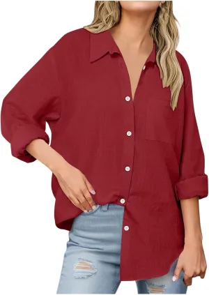 Womens Oversized Button Down Shirts Long Sleeve Cotton Linen Shirts Casual V Neck Collared Blouses Tops with Pockets